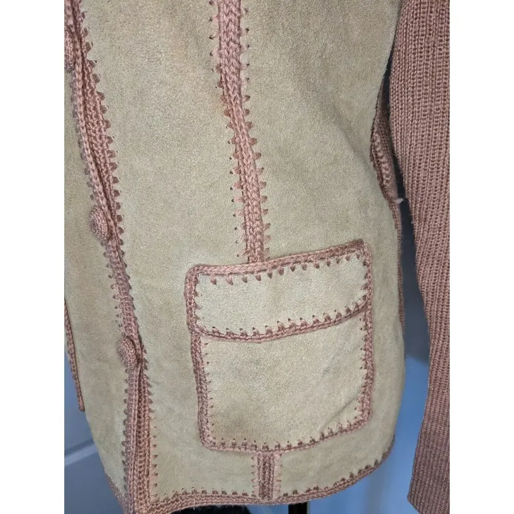 Vintage 70s Exclusive Imports Tan Leather Crochet Jacket Boho Hippy SZ M Korea - Picture 5 of 12
